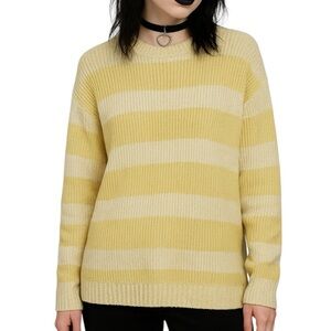 ZARA Butter Yellow & White Striped Long Sleeve Oversized Crew Neck Sweater